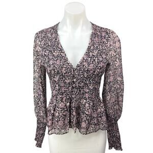 Intermix Purple Black 100% Silk Floral Balloon Sleeve Peplum Blouse Top Size S